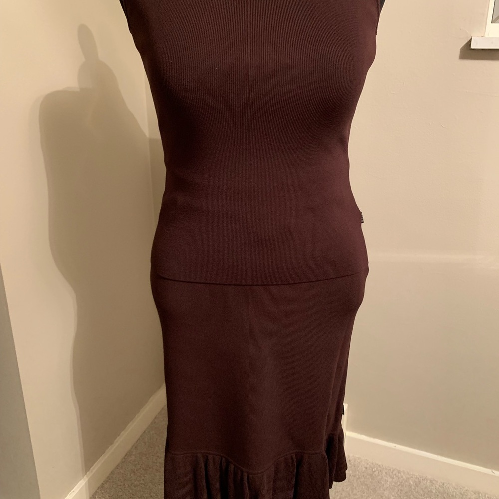 Vintage BCBG chocolate brown knit top and skirt.